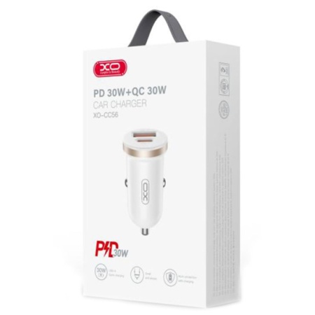 XO CC56 – Incarcator auto 30W USB-C USB-A PD QC 3.0 compact, alb