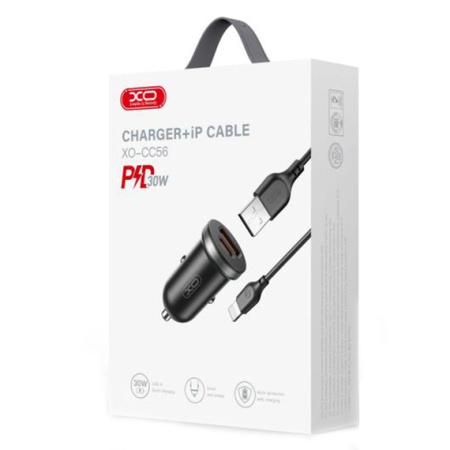 XO CC56 – Incarcator auto + cablu Lightning 30W USB-C USB-A PD QC 3.0 compact, negru