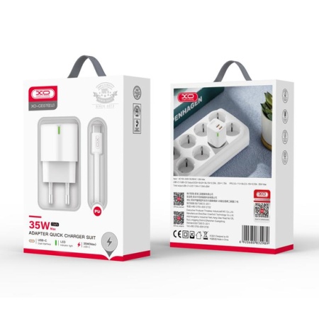 XO CE07 - Incarcator Retea + Cablu USB-C, 1m, GaN, PD35W, 2xUSB-C, alb