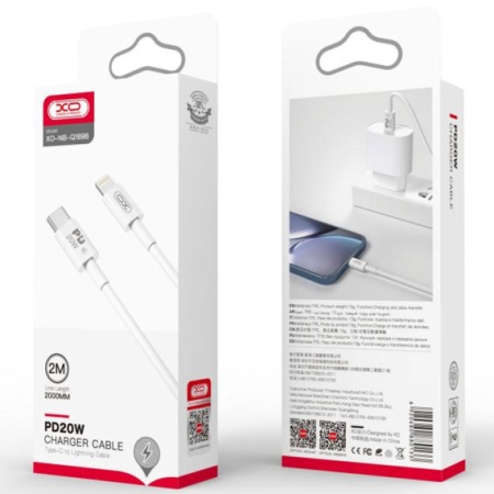 XO NB-Q189B - Cablu Date si Incarcare, USB-C la Lightning, PD20W, QC3.0, 2m, Alb