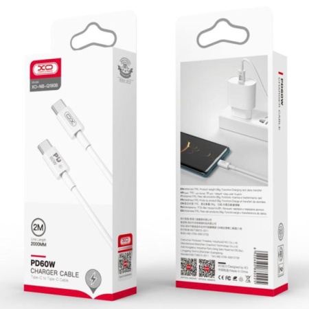 XO NB-Q190B - Cablu Date si Incarcare, USB-C, PD60W, QC3.0, 2m, Alb