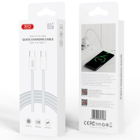 XO NB-Q260C - Cablu USB-C la USB-C, PD60W, QC 3.0, 3m, Textil, Alb