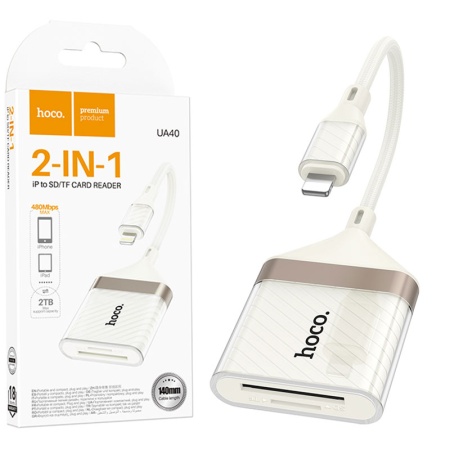 Cititor carduri HOCO UA40 2-in-1 SD si TF cu conector Lightning – transfer 480Mbps, alb