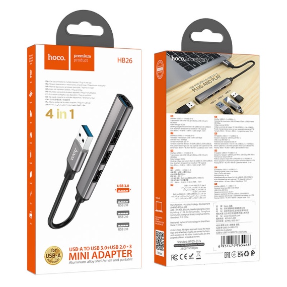 Hoco HB26 - Adaptor OTG Transfer, USB la USB 3.0, 3 x USB 2.0, Gri