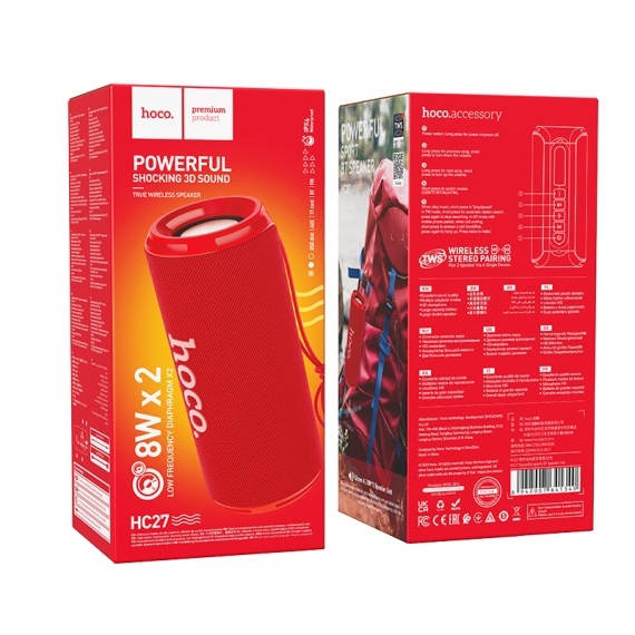 Hoco HC27 - Boxa Portabila, Wireless, BT5.4, 2x8W, 1500mAh, TF card, USB-A, Rosu