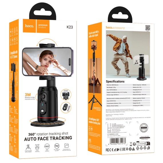 Hoco K23 - Suport tip Selfie, Face Auto-Tracking, 1200mAh, Rotativ 355°, telecomanda de control, Lotus, Negru, Negru