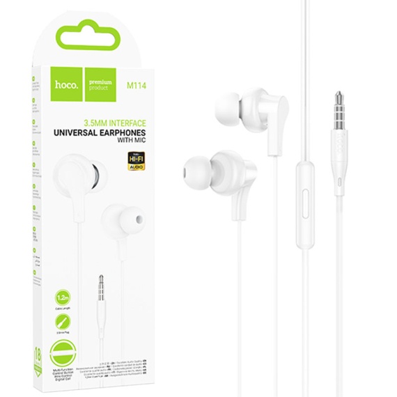 Hoco M114 - Casti cu Fir, In Ear, 3.5mm, 1.2m, Mic & Volume Key, Alb