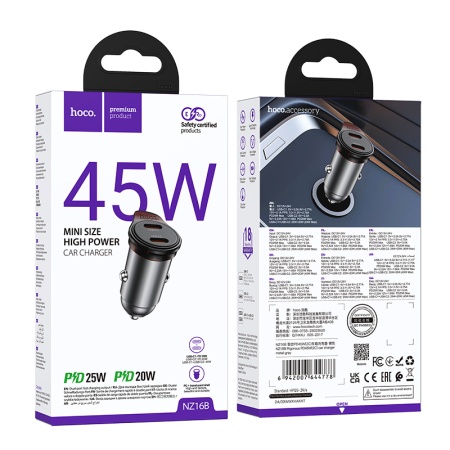 Hoco NZ16B – Incarcator auto PD45W cu 2xUSB-C, gri