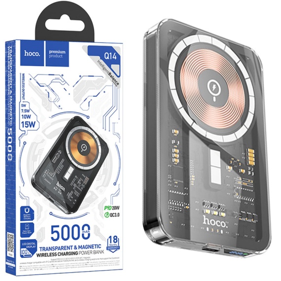 Hoco Q14 - Baterie Externa Wireless 5000mAh, 1xUSB-C PD, 5V, 2A, Magnet, Display LED, Negru