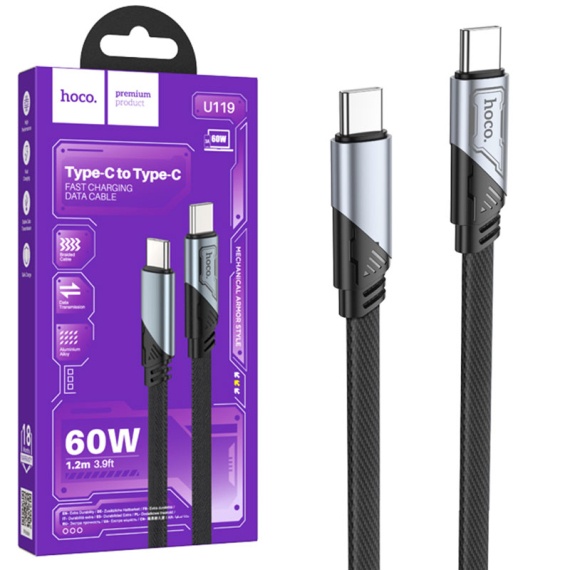 Hoco U119 - Cablu Date si Incarcare, USB-C, PD60W, QC3.0, Flat, 1.2m, Negru