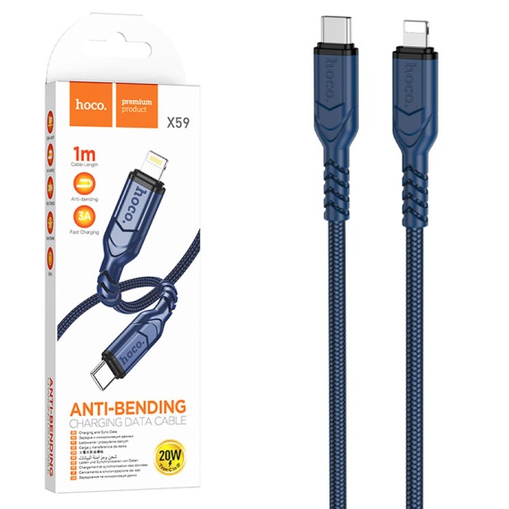 Hoco X59 - Cablu Date si Incarcare, Type-C la Lightning, PD20W, QC3.0, Braided, 1m, Albastru