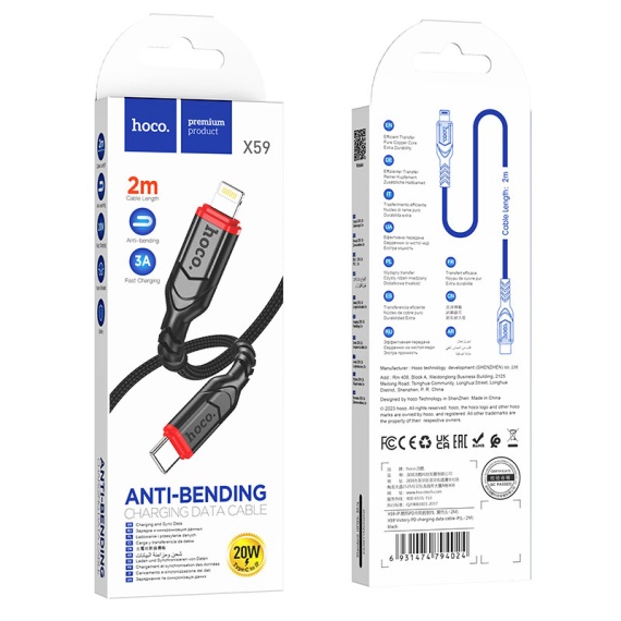 Hoco X59 - Cablu Date si Incarcare, Type-C la Lightning, PD20W, QC3.0, Braided, 2m, Negru