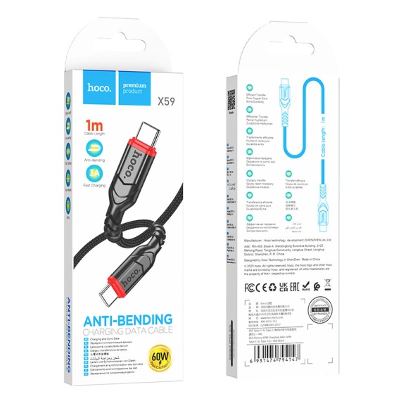 Hoco X59 - Cablu Date si Incarcare, USB-C, PD60W, QC3.0, 1m, Albastru