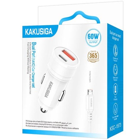 Incarcator auto + cablu KAKUSIGA KSC-1973, PD 60W + QC3.0, 1x USB, MicroUSB 1m, BLISTER, WHITE