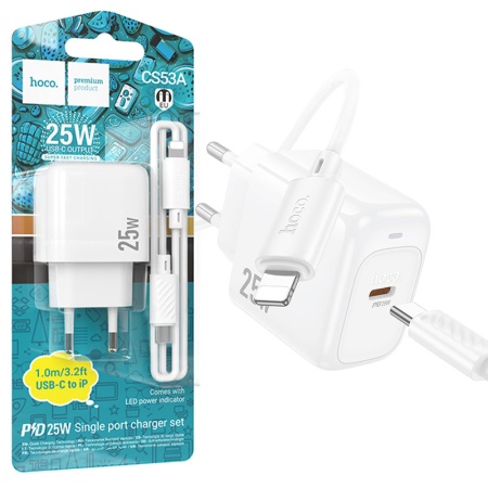 Incarcator retea + cablu HOCO CS53A, 25W USB-C, FastCharge, 1m Lightning, CS53AWH, white
