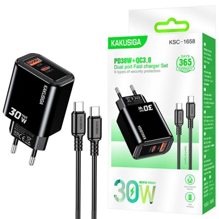 Incarcator retea + cablu Type-C KAKUSIGA KSC-1658, PD 30W + QC3.0, 1x USB, 1m, BLISTER, BLACK