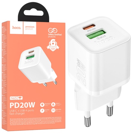 Incarcator Retea HOCO N65, PD20W+QC3.0, 1xUSB-C, 1xUSB, Fast, WHITE