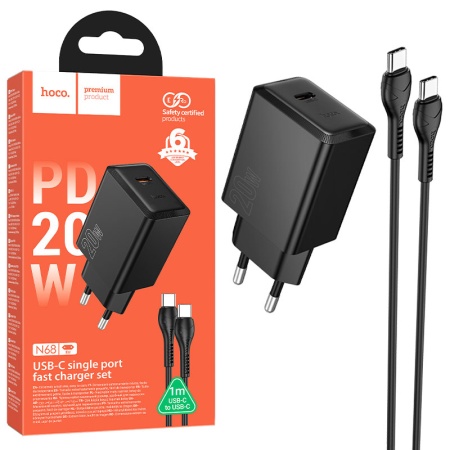 Incarcator retea HOCO N68 cu cablu USB-C 1m – PD 20W, 1xUSB-C, FastCharge, negru