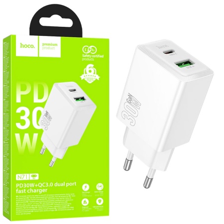 Incarcator Retea HOCO N71, PD30W+QC3.0, 5V 3A, 1xUSB-C, 1xUSB, Fast, WHITE