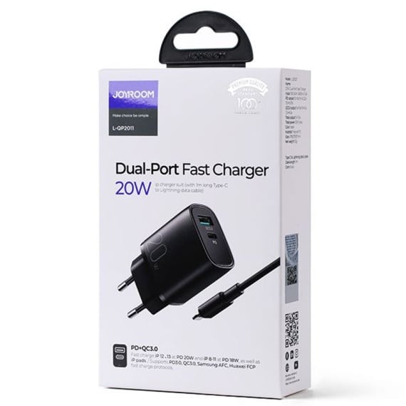 Joyroom L-QP2011 - Incarcator Retea + Cablu Lightning, 20W, 1xUSB-C, 1xUSB-A, PD, QC 3.0, Negru
