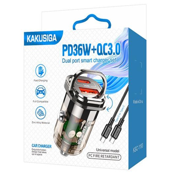 Kaku KSC-1193 - Incarcator Auto + Cablu USB-C, 1m, PD36W, 1xUSB-C, 1xUSB-A-A, Negru