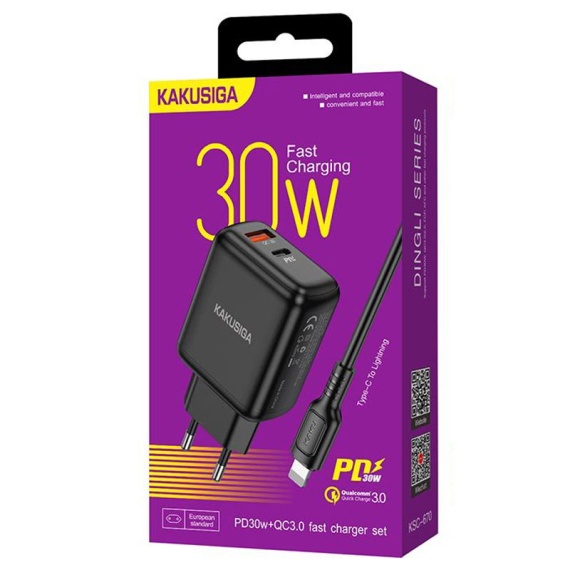 Kaku KSC-670 - Incarcator Retea + Cablu Lightning, 30W, 1xUSB-C, 1xUSB-A, PD, QC 3.0, Negru