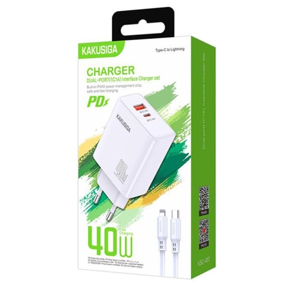 Kaku KSC-937 - Incarcator Retea + Cablu Lightning, 40W, 1xUSB-C, 1xUSB-A, PD, QC 3.0, Alb