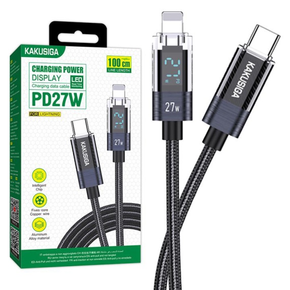 Kaku KSC-971 - Cablu Date si Incarcare, Type-C la Lightning, PD27W, QC3.0, Braided, LED Power, 1m, Negru