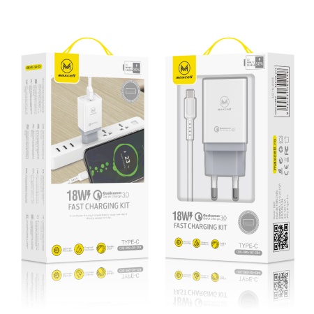 Maxcell CDQ090 – Incarcator Retea 18W QC 3.0 + Cablu Lightning 1xUSB, alb