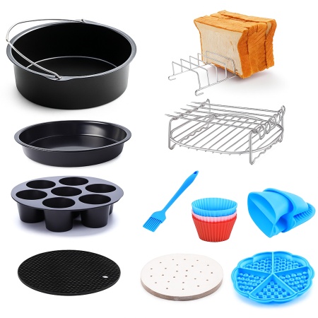 Set 11 accesorii Zilan ZLN8016 pentru friteuza cu aer, diametru 18 cm, tavi, forme si ustensile din silicon si inox
