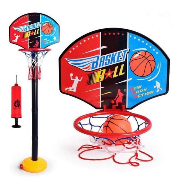 Set cos de baschet copii cu suport reglabil 70 -115 CM Pinokio, Plastic, Pompa si minge inclusa, Negru-Rosu