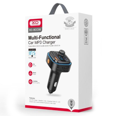 XO BCC08 – Modulator FM Bluetooth 5V 3.1A 1xUSB-C 2xUSB-A PD QC3.0 cu iluminare ambientala, negru