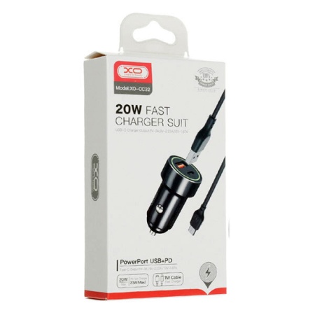 XO CC32 – Incarcator auto 20W PD QC 3.0 cu 1xType-C si 1xUSB + cablu Type-C, negru
