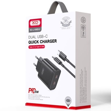 XO L105 – Incarcator retea 35W 2xType-C PD + cablu Type-C, negru