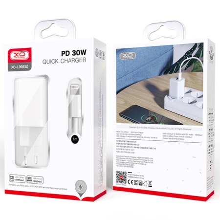 XO L96 – Incarcator retea + cablu Lightning, 30W PD QC 3.0 cu 1xUSB-C si 1xUSB-A, alb