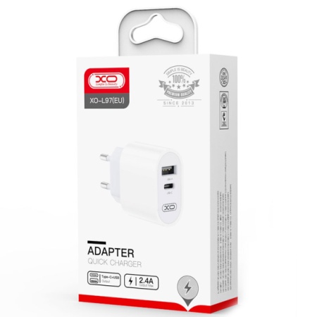 XO L97 – Incarcator retea 2.4A cu 1xUSB-C si 1xUSB-A PD QC 3.0, alb