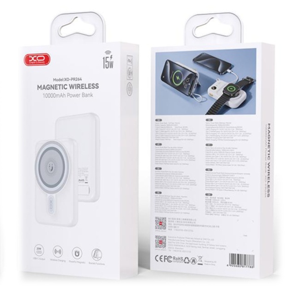 XO PR264 - Baterie externa 10000mAh, Wireless 15W, MagSafe + Type-C PD20W, FastCharge, Power LED, , Alb