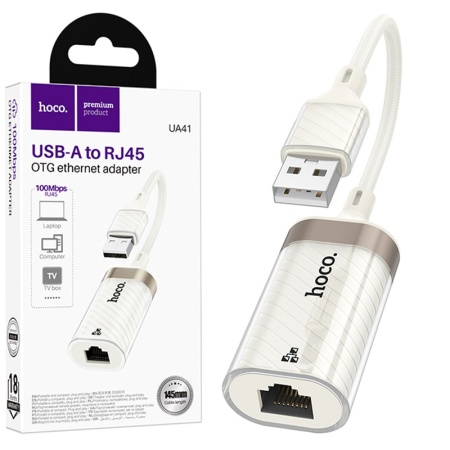 Adaptor OTG HOCO UA41 USB la Ethernet 100Mbps 15cm pentru transfer date si retea, alb