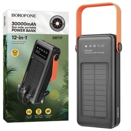 Borofone DBT17 – Powerbank 30000mAh cu panou solar 4xUSB-A si cabluri 3in1, negru