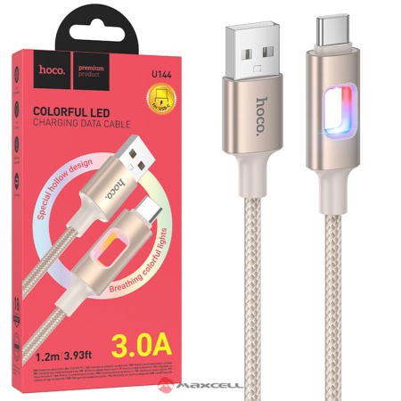 Cablu date si incarcare USB la Type-C, HOCO U144, QC 3.0, 3A, LED Hollow, 1.2m, BLISTER, GOLD