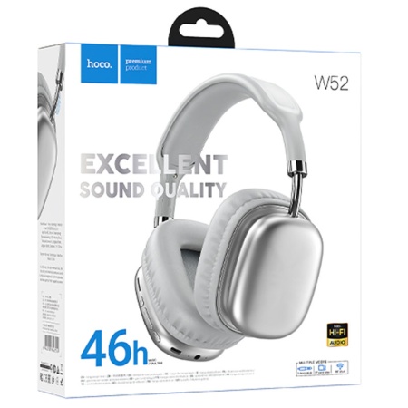 Casti wireless OverEar HOCO W52 pentru gaming – Bluetooth 5.4, TF Card, 400mAh, autonomie 46h, argintiu