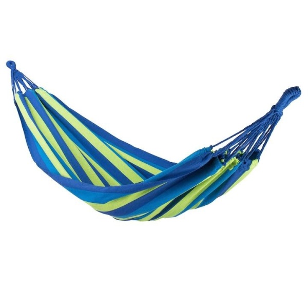 Hamac de gradina, Pentru o persoana, Cu sac pentru depozitare, Material durabil si rezistent, 2 Franghii 150 Cm Incluse, Dimensiune 200 x 100 Cm, Albastru