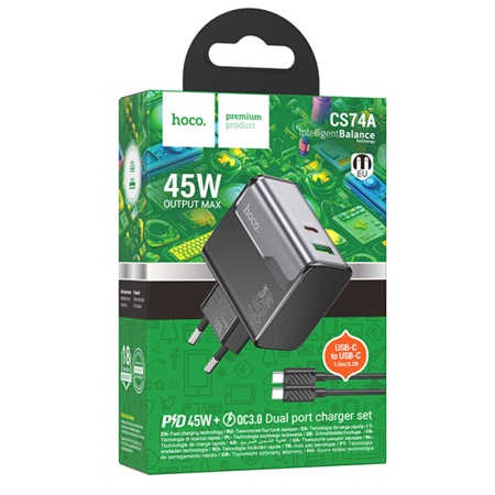 Hoco CS74A - Incarcator Retea + Cablu USB-C 1m, FastCharge (PD45W + QC3.0), 1xUSB-C, 1xUSB-A, Negru