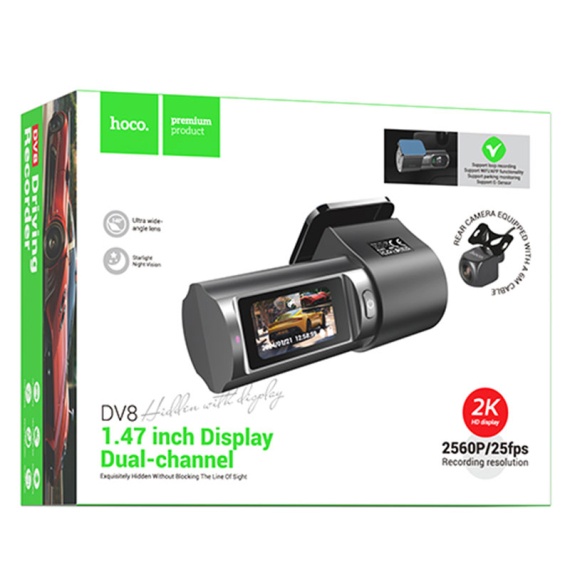 Hoco DV8 - Camera auto, HD 2K, cu mini LCD, Camera Spate si Fata, Negru