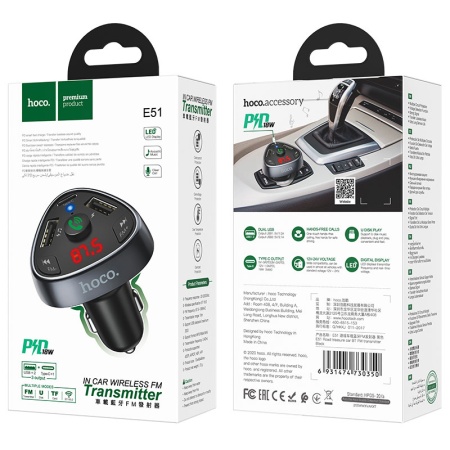 Hoco E51 – Modulator FM Bluetooth 18W 5V 3.1A 1xUSB-C 1xUSB-A PD QC3.0, negru