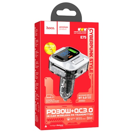 Hoco E75 - Modulator FM BT, 30W, Type-C + USB, PD, QC 3.0, Negru –