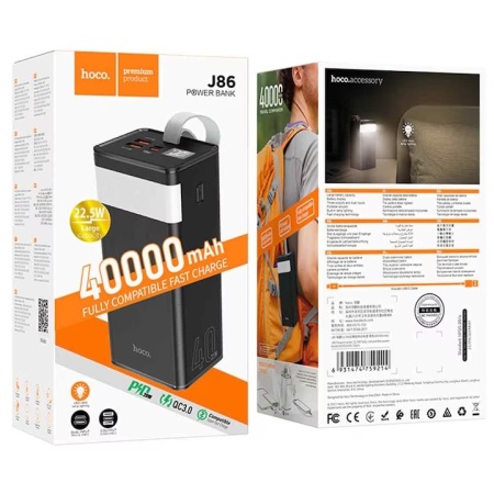 Hoco J86 - Baterie externa 40000mAh, 1xUSB-C PD, 2xUSB-A QC 3.0, lampa LED, Negru