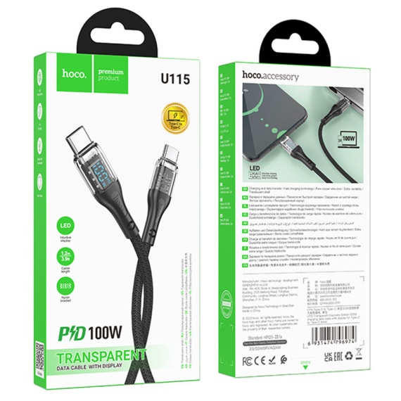 Hoco U115 - Cablu Date si Incarcare, Type-C, PD100W, QC3.0, 1m, Negru