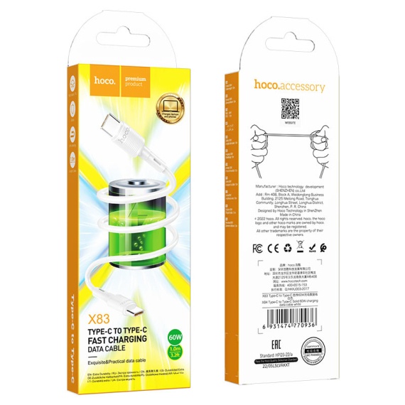 Hoco X83 - Cablu Date si Incarcare, USB-C, PD60W, QC3.0, 1m, Alb