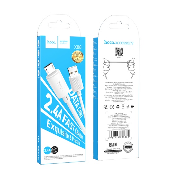 Hoco X88 - Cablu Date si Incarcare, USB-A la MicroUSB-A, 18W, 2.4A, 1m, Alb